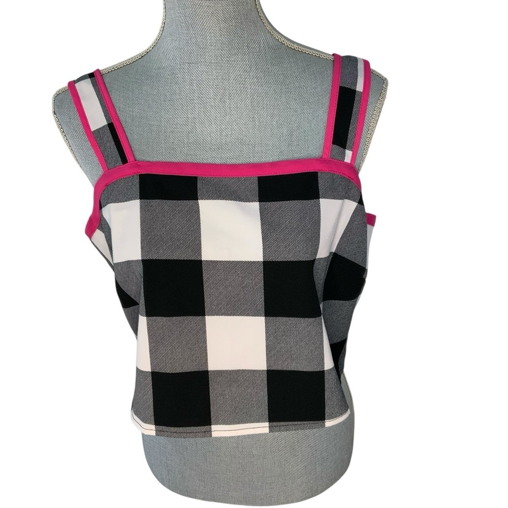New York & Co Women's Black White Gingham Cropped Zip Tank Top Size Large‎ Y2K